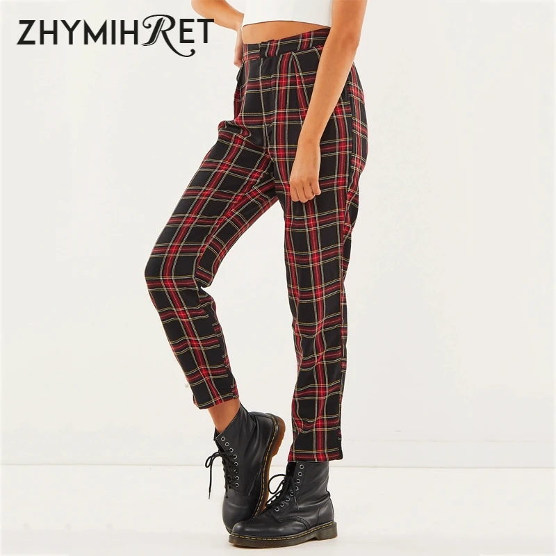 ZHYMIHRET Spring Cotton Red Plaid Pants Women Straight Ankle-Length Capris Casual Mid Waist Harem Trousers Pantalon Femme ZHYMIHRET Spring Cotton Red Plaid Pants Women Straight Ankle-Length Capris Casual Mid Waist Harem Trousers Pantalon Femme