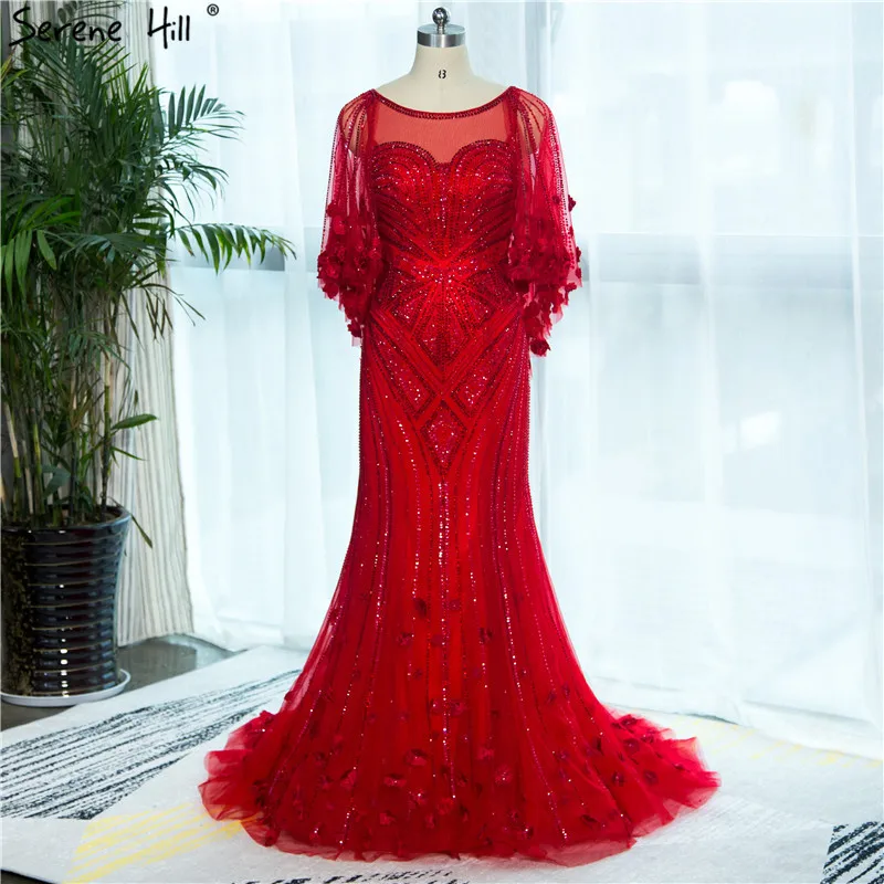 

2019 Red Mermaid Elegant Evening Dress Real Photo Beading Crystal Fashion Sexy Formal Evening Gown Real Photo LA6135