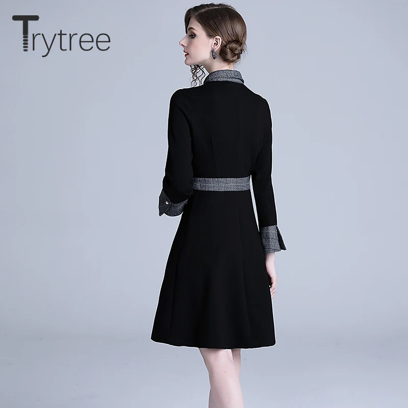 Trytree осеннее платье повседневное ТРАПЕЦИЕВИДНОЕ женское черное рубашка
