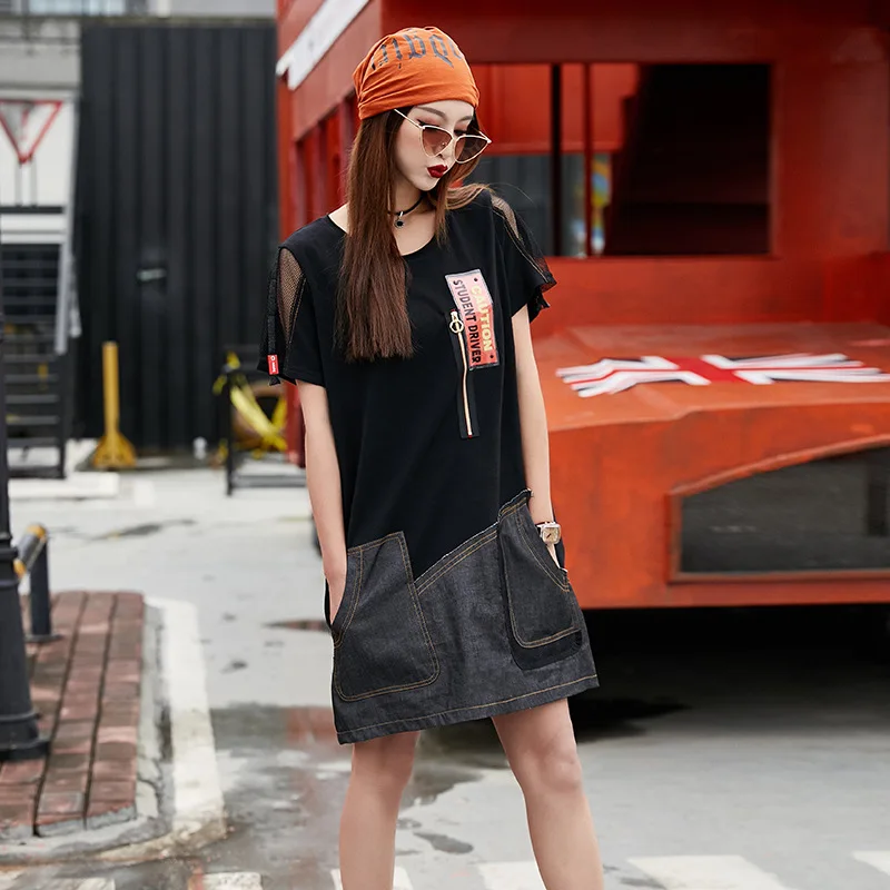 Punk Rock Jean shirt dress Mesh Sleeve Above Knee women dresses Short Sleeve 2019 Women Denim Pockets Vestidos Summer LT925S50