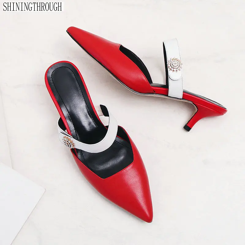 

High Heel Slippers For Women yellow pink Genuine Leather Women Slides Shoes Fashion Online Ladies Leather Mules