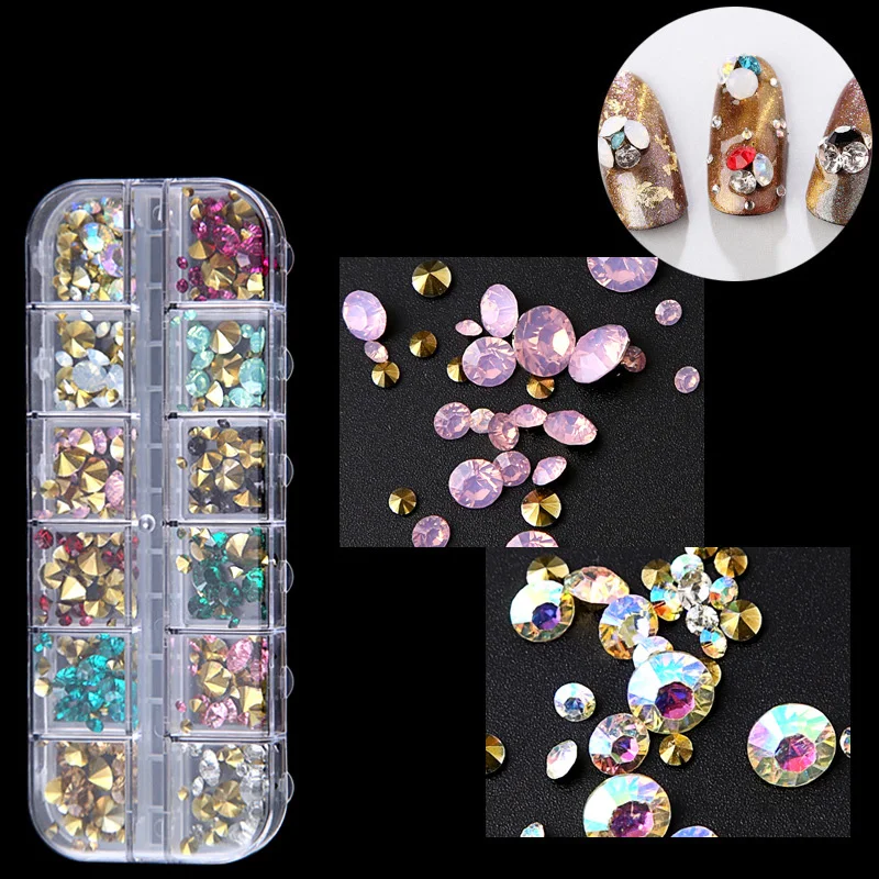 

Mix Size Acrylic Diamonds Nail Art Sharp Back Decorations 12 Grids Set 3d Manicure UV Gel Polish DIY Accessory New Crystals Gift