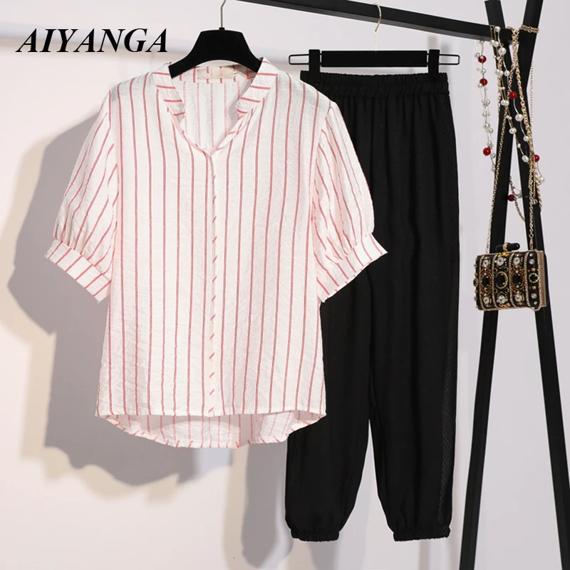 2019 Plus Size Two Piece Set Women Shirt+Elastic Waist Pants Joggers Striped Tops Casual Hollow Pant Sets For Woman Summer |