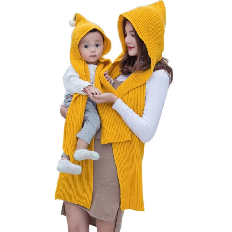 

2018 Women and Kid Cotton Hooded Poncho With Hiking Hat Scarves in 1 Lady Wraps Knitted Hood Scarf Solid Christmas Winter Warm