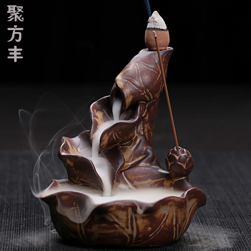 Smoke Backflow Ceramic Incense Burner Cone Stick Holder Censer Black