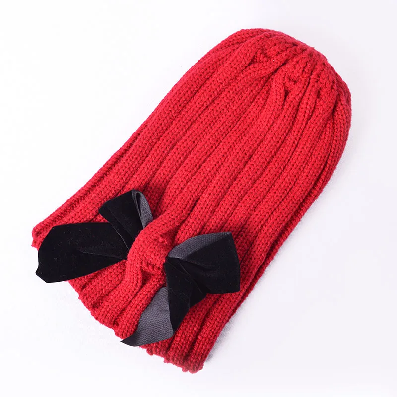 Вязаная шапка с большим бантом для маленьких девочек, осенне-зимняя теплая детская зимняя шапка для малышей, однотонная детская шапочка, шапочка для детей - Цвет: wine red
