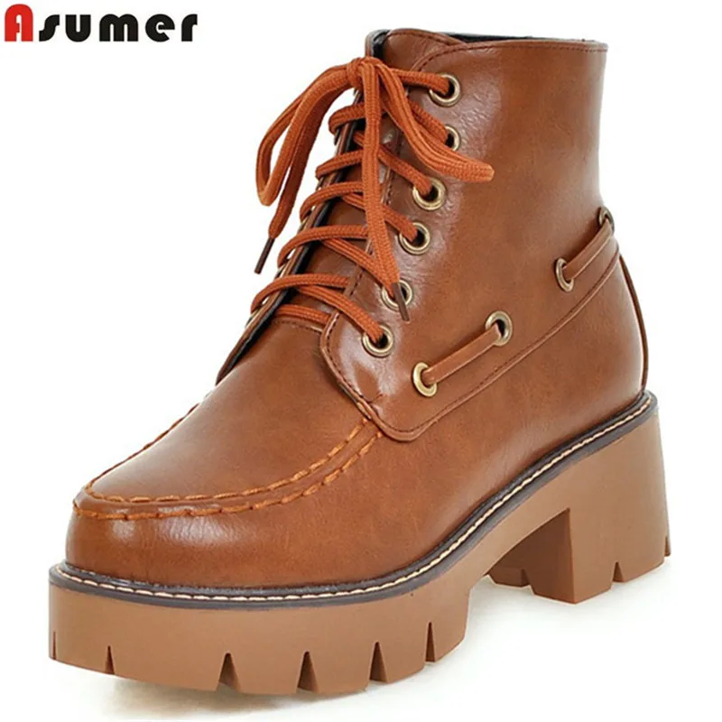 Asumer fashion hot sale new arrive women boots pink brown gray lace up ankle boots square heel ...