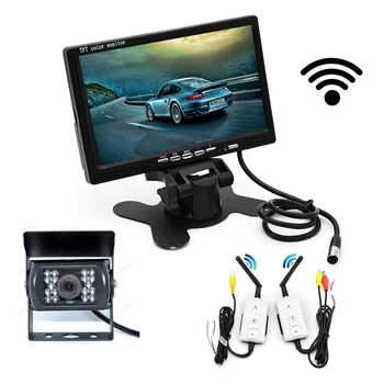 

wireless 7 Inch TFT LCD car Monitor 2 video input Display for bus truck with 18 LED night vision rear view camera 12-24V