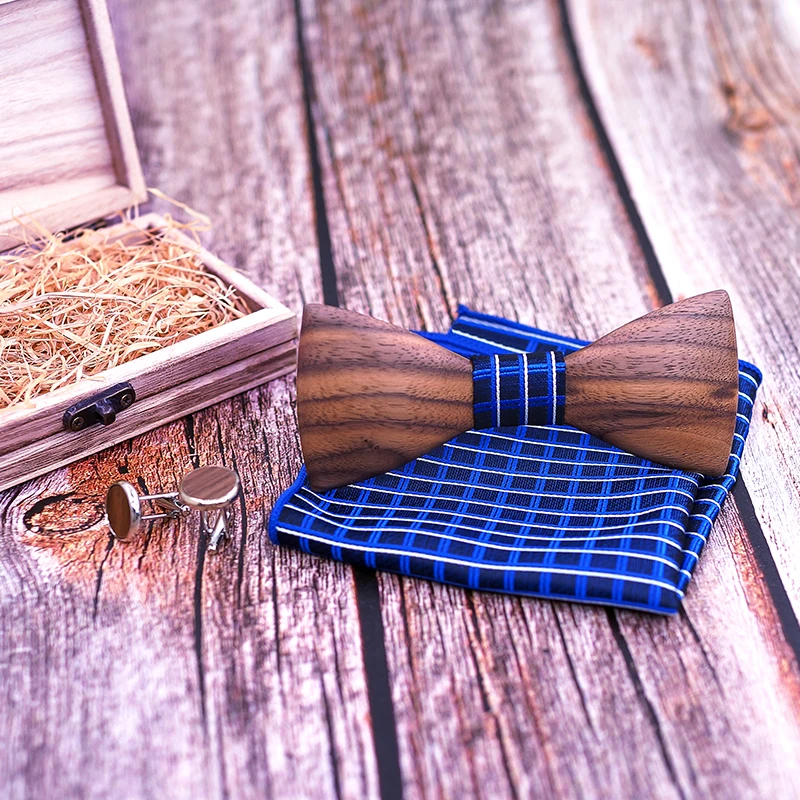  3D Men Wooden Bow Tie Set BowTie and Handkerchiefs Cufflinks Necktie For Business Wedding Party Hom