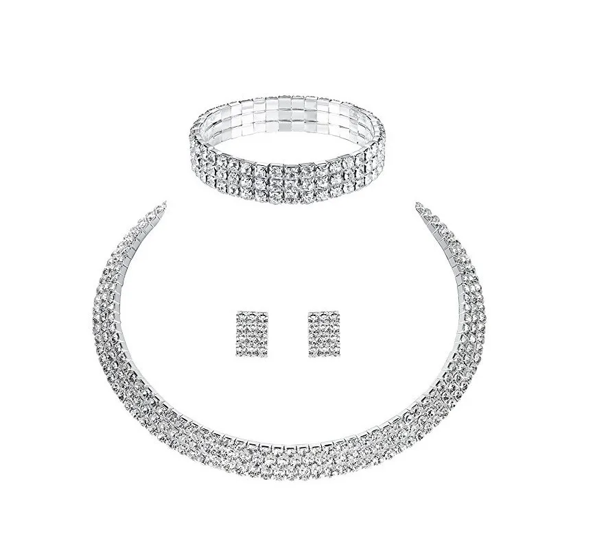 Círculo de Cristal Da Dama de Honra Nupcial Conjuntos de Jóias De Cor Prata de Strass Casamento Colar Brincos Pulseira Conjuntos para As Mulheres (5)