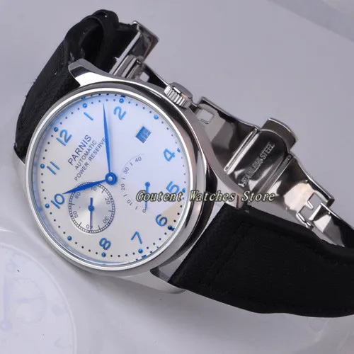 43mm Parnis Date White Dial Deployment Buckle Blue Hands Power Reserve Automatic Men's Watch