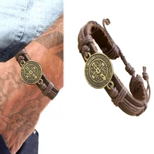 Католический религиозный крест Иисус Распятие святой Медаль кожаные браслеты жесткий браслет Masculina манжеты мужские ювелирные изделия