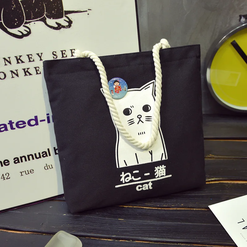 Женская сумка через плечо из пеньковой веревки, ручная работа, роскошные большие сумки через плечо для дизайнера, ананаса, совы, трапеции, пляжная сумка - Цвет: Rope cat black