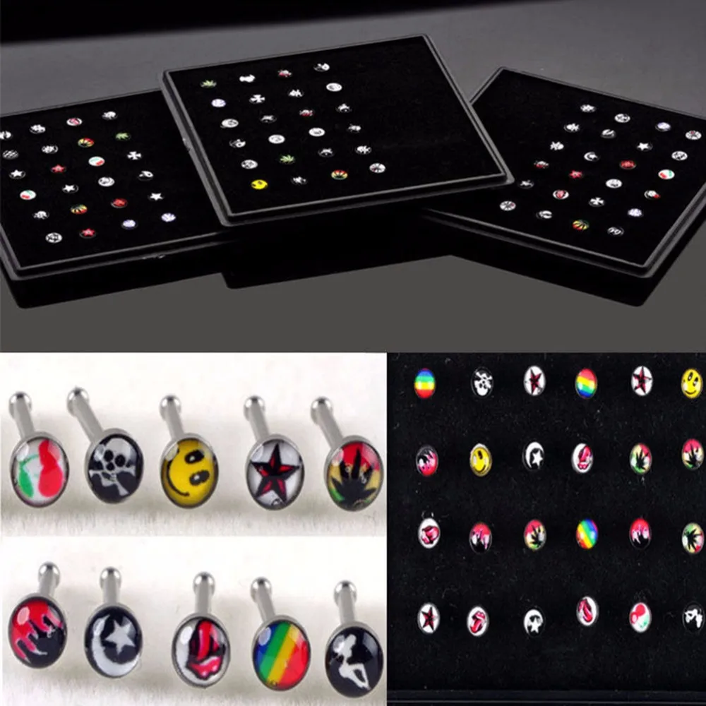 40pcs/set Cartoon Logo Crystal Rhinestone Nose Ring Bone Stud Surgical Steel Body Piercing Jewelry