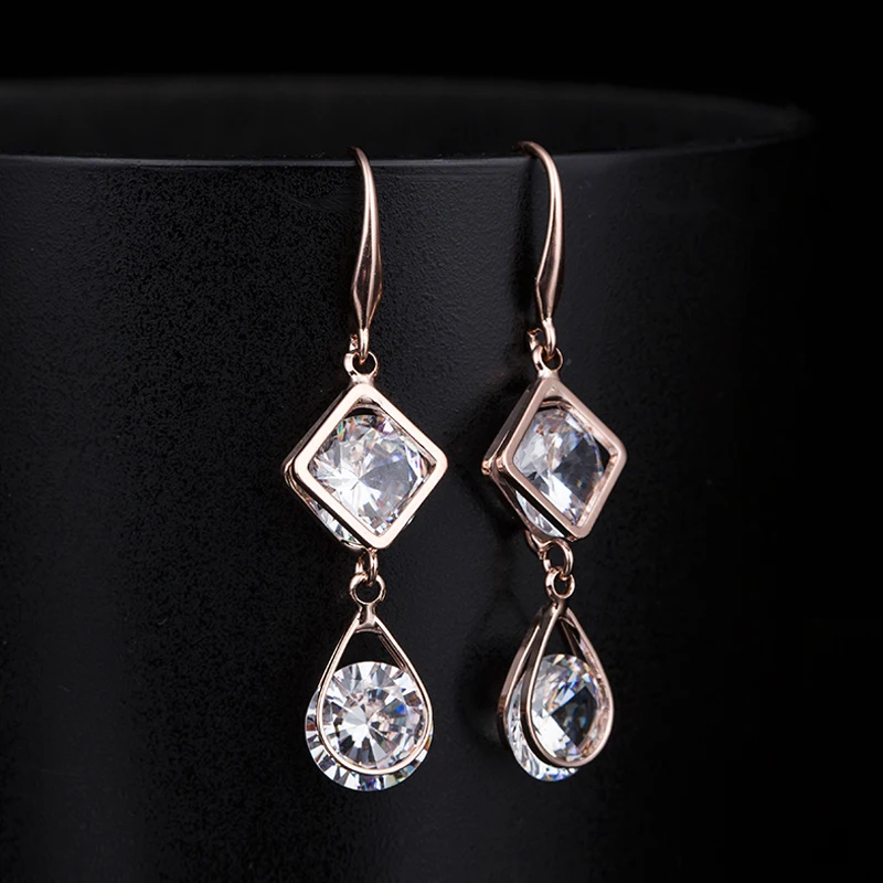 Женские серьги подвески из розового золота с фианитами|long drop earrings|long earringslong earrings