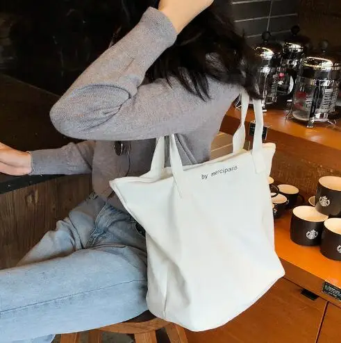 

Korean women's solid color large capacity canvas bag simple cloth canvas shoulder bag portable big bag