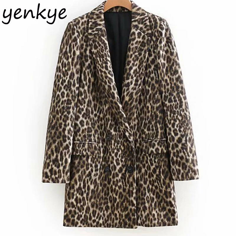 

Women Sexy Leopard Print Jacquard Jacket Coat Female Notched Collar Long Sleeve Pockets Streetwear Autumn Outerwear Long
