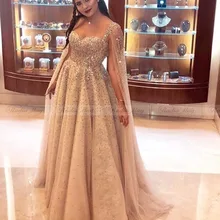 Роскошный кристалл из бисера Шампанское Кружева Формальное платье с накидкой размера плюс длинные арабские Кафтан Дубай вечерние платья выпускного вечера элегантные