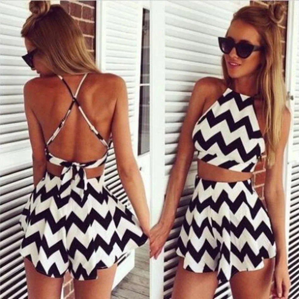 

Fashion Women Two Pieces Striped Culotte Sexy Backless Dress Halter Suspenders Sleeveless Back Cross Crop Top & Mini Skirt Sale