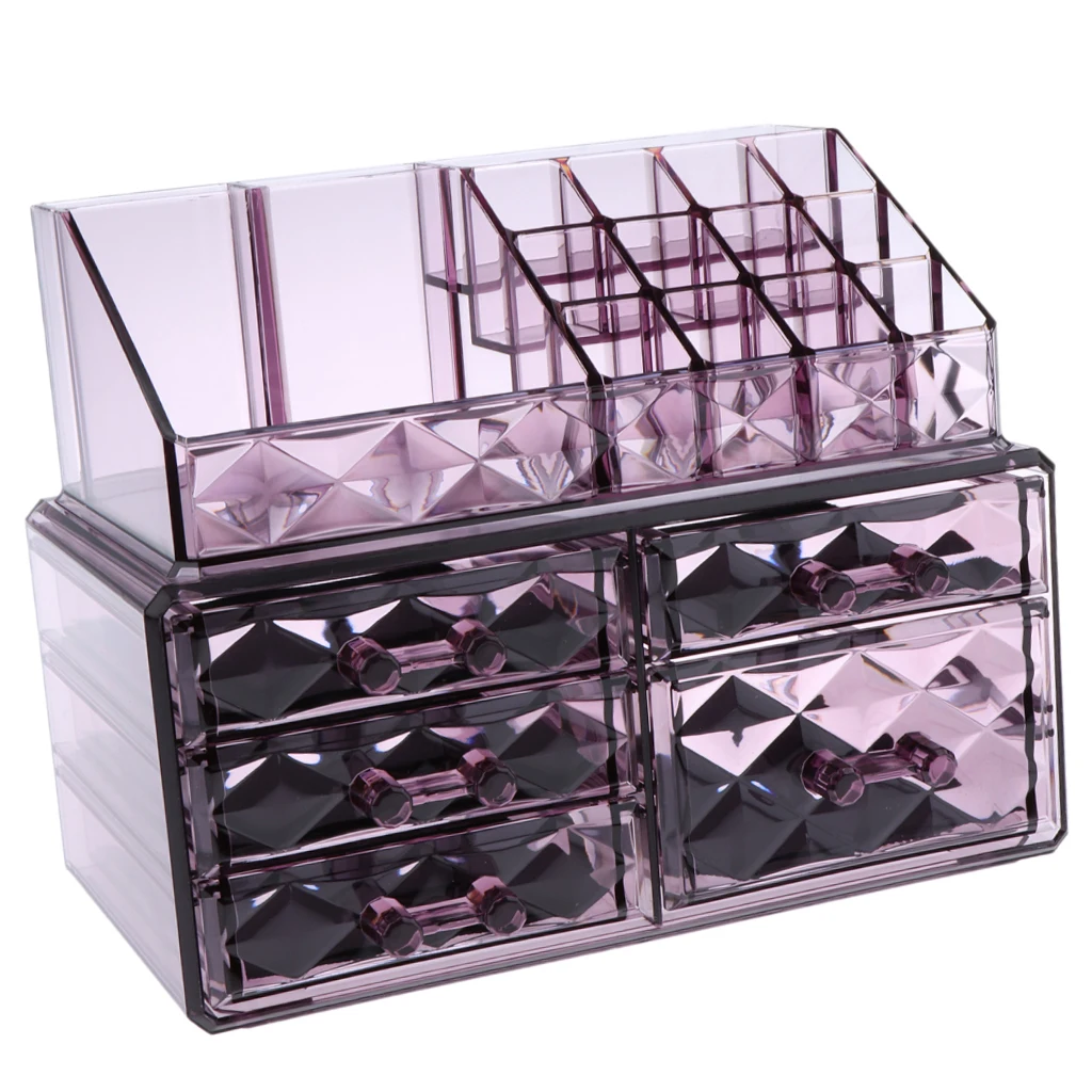 Premium Purple Makeup Organizer Acrylic Cosmetic Storage with Drawers and Jewelry Display Box