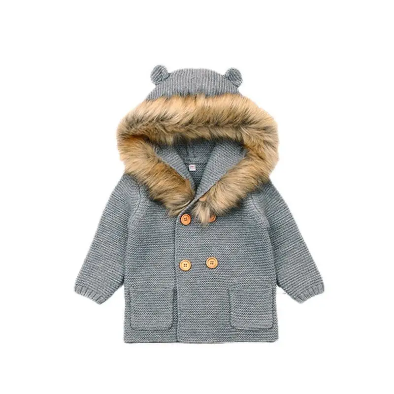Gray Зимние модные свитера для малышей, кардиганы, Осенние вязаные куртки с капюшоном для новорожденных, детская одежда с длинными рукавами и рисунком медведя - Цвет: Gray