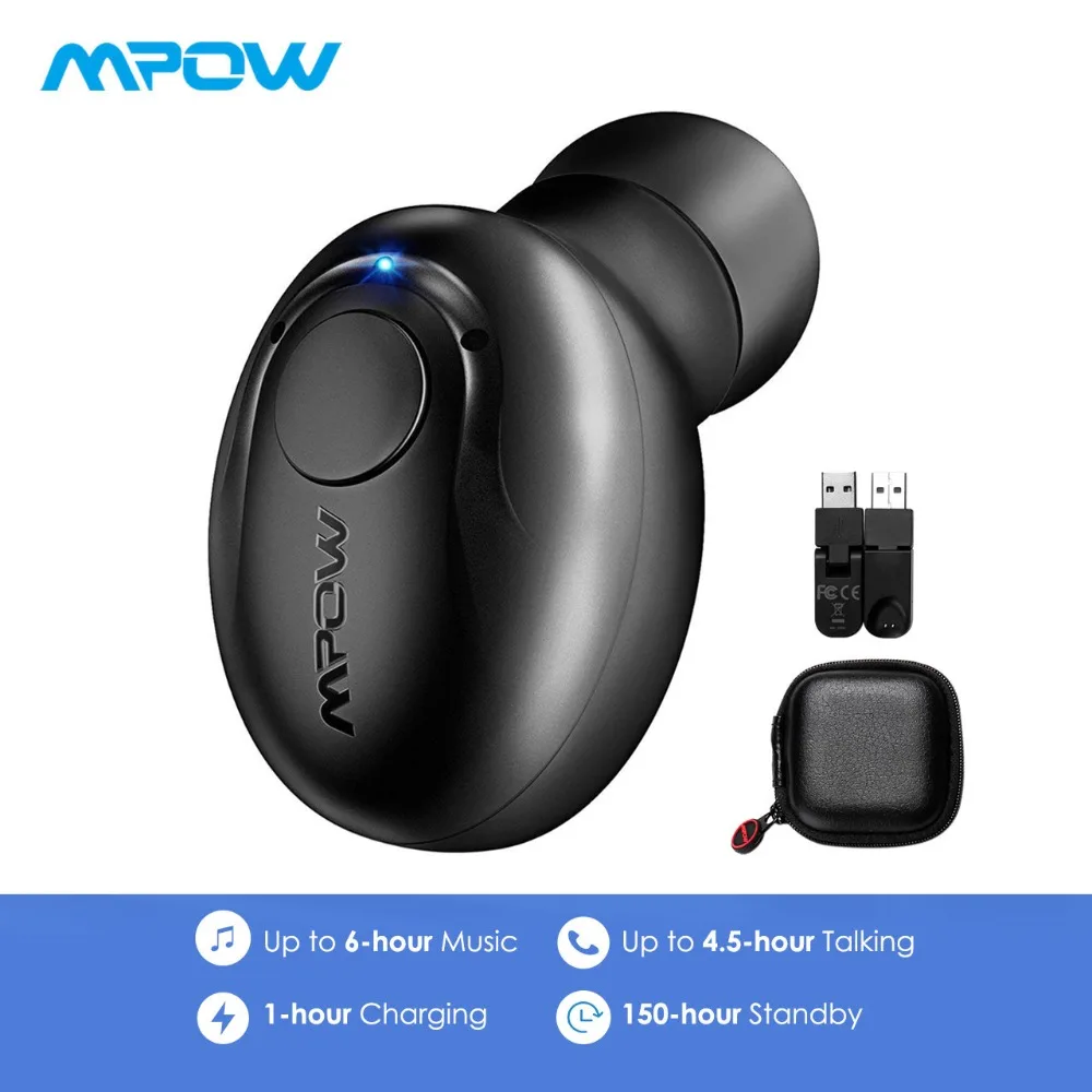 MPOW EM1 Single Bluetooth Earphone Wireless Earbud Mini Invisible Earpiece Earbud With Mic/2 Magnetic Chargers/Carrying Case