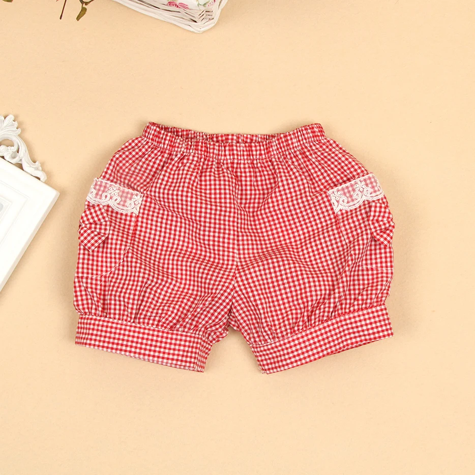 Fashion Girls Summer Shorts Cotton Plaid Bloomers Lace Decoration Bow Pocket