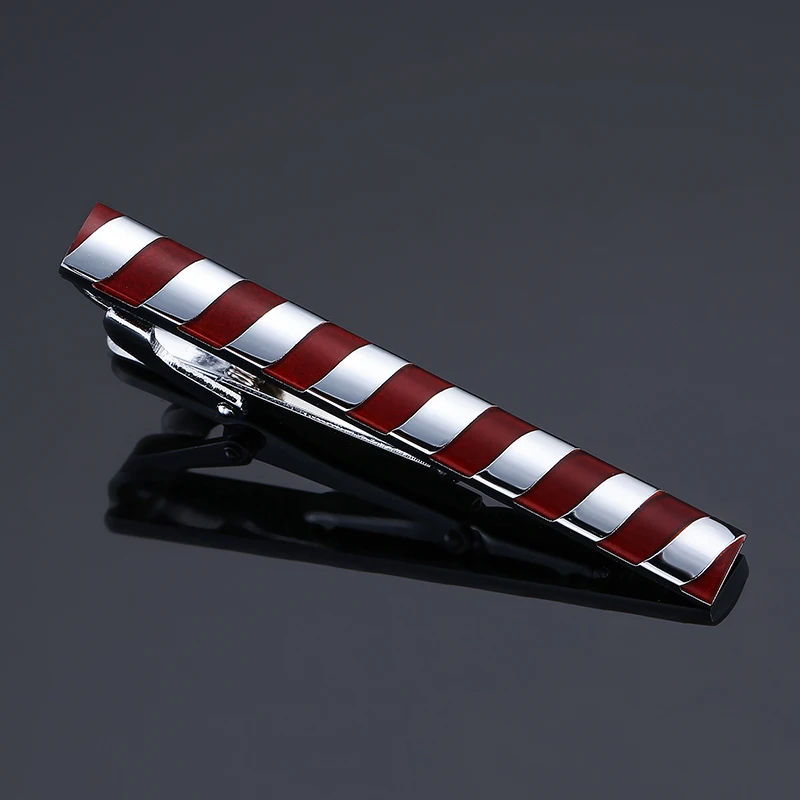 

DY New deluxe design of high quality Red Enamel Silver striped tie clip Men's high-end business wedding tie clips Free Delivery