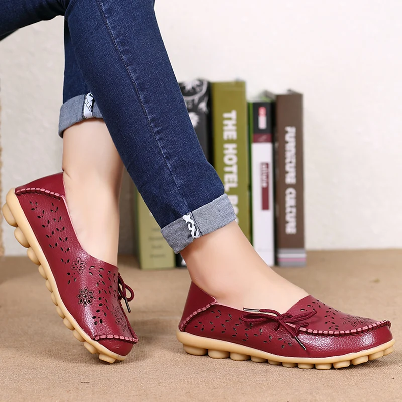 Flats Women Genuine Leather Shoes Woman Autumn Flat Shoes Women Loafers Slip On Moccasins Sapatos Feminino Casual Shoes - Color: Wine red