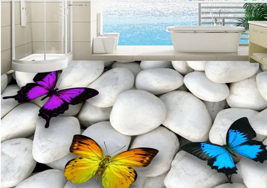 

vinyl flooring bathroom custom stone wall paper White pebbles butterfly 3d wallpaper floor self adhesive wallpaper