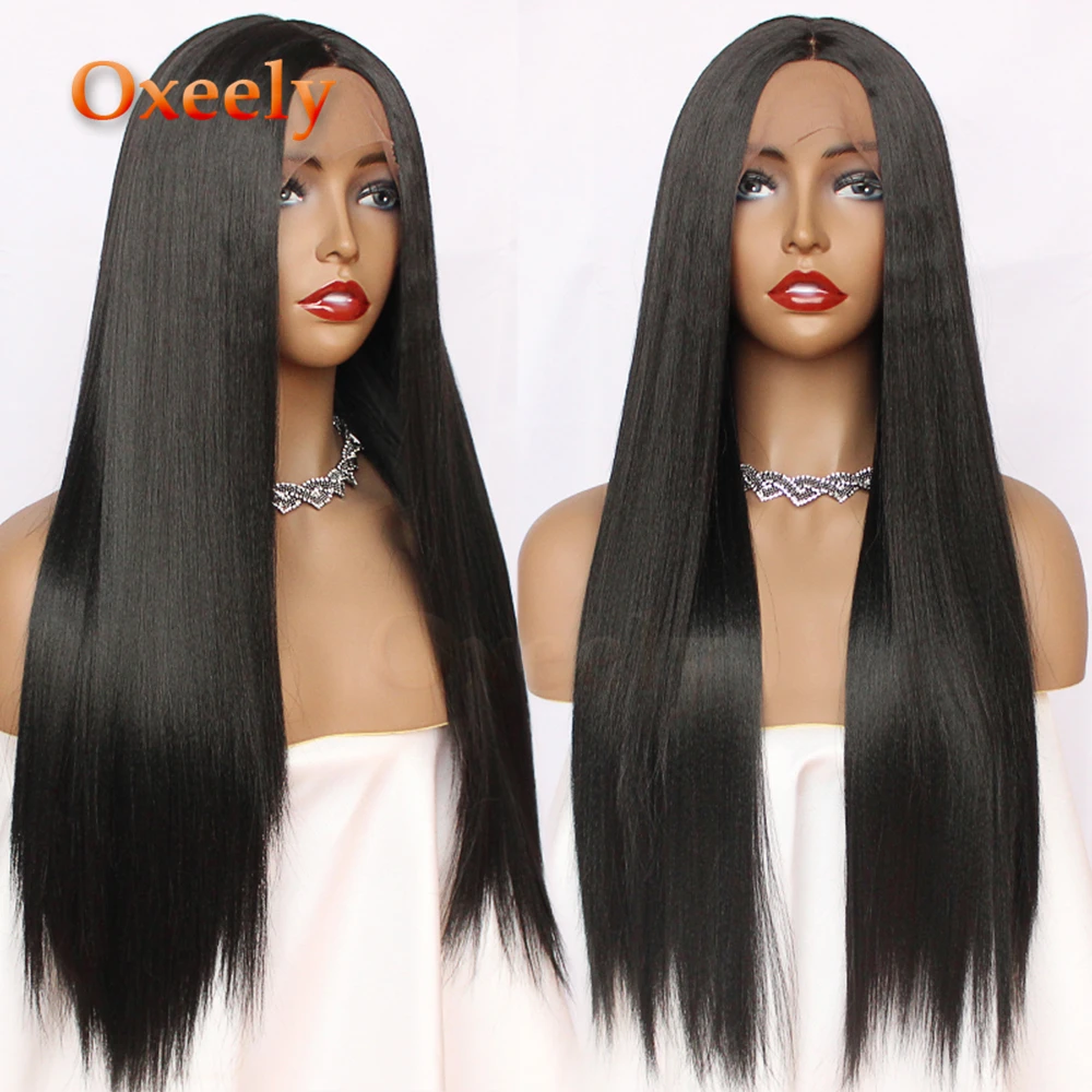 

Oxeely Synthetic Lace Front Wigs Long Straight Black Hair Lace Front Wig Heat Resistant Fiber Natural Hair Line Middle Parting