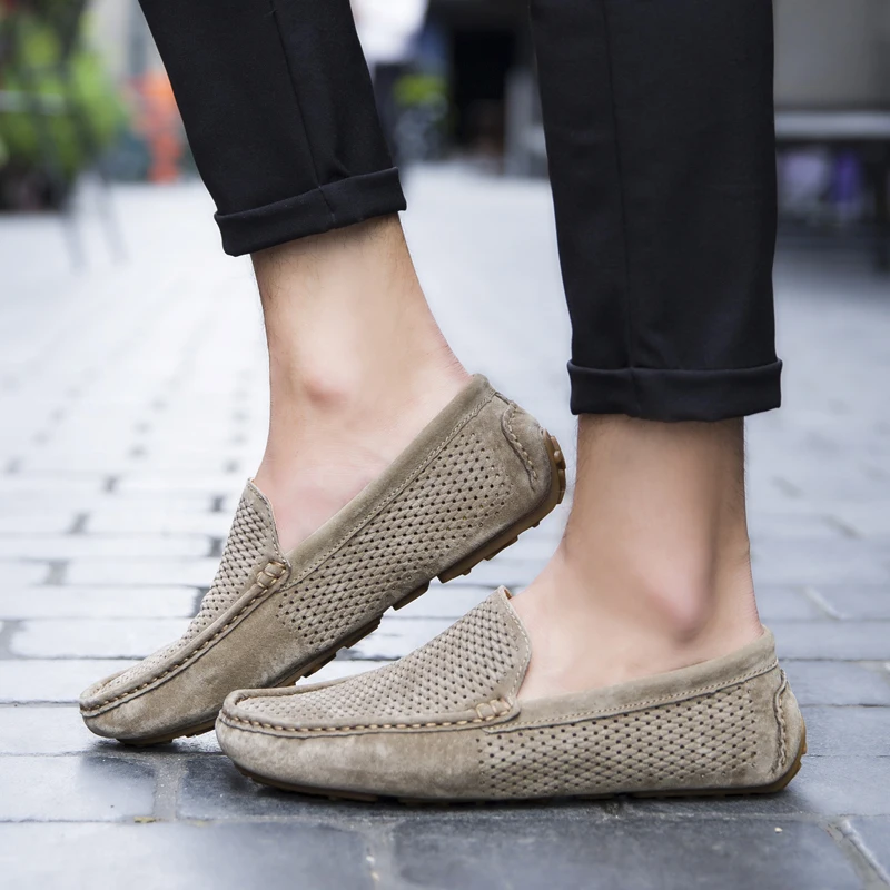 Men Loafers Summer Hole Out Breathable Genuine Leather Shoes Men Casual Driving Boat Shoes Slip-on Flats Moccasins 8033m