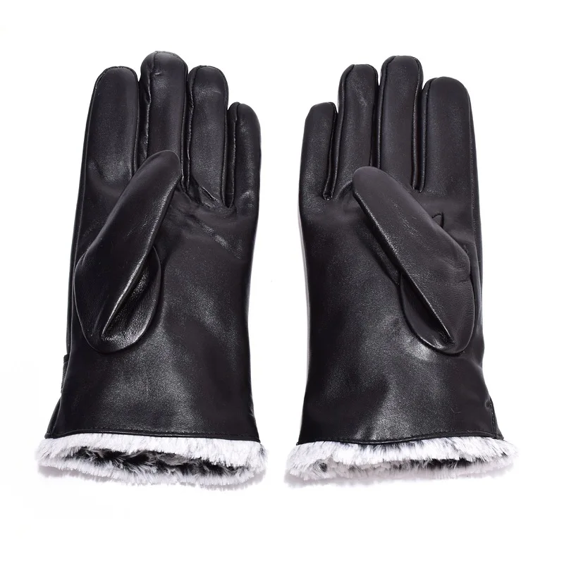 Мужские перчатки из натуральной кожи, настоящая овчина, черные перчатки для сенсорного экрана, зимние плюс бархатные классические рукавицы на кнопках