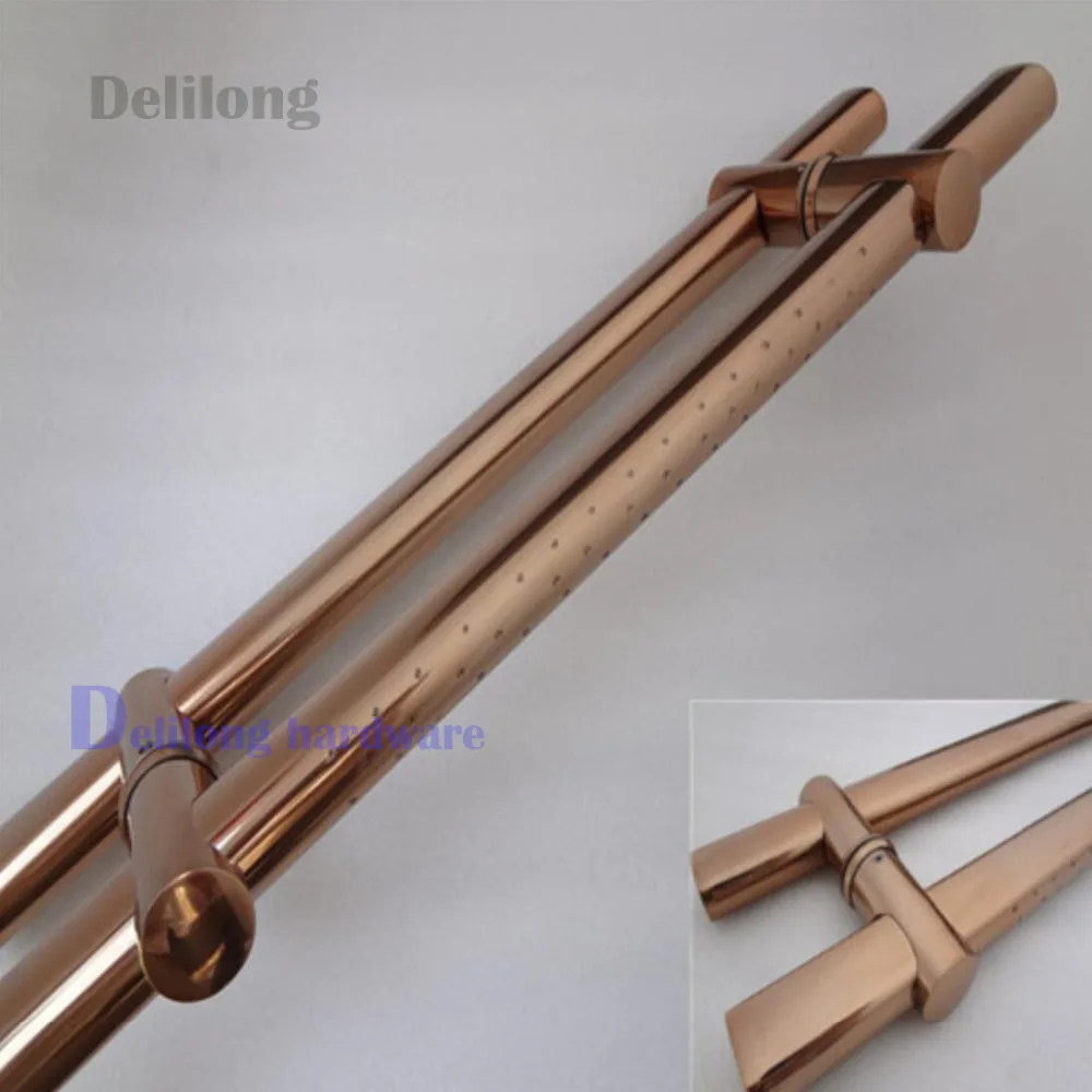 Luxury hotel tempered glass door long handle rose gold color 800mm