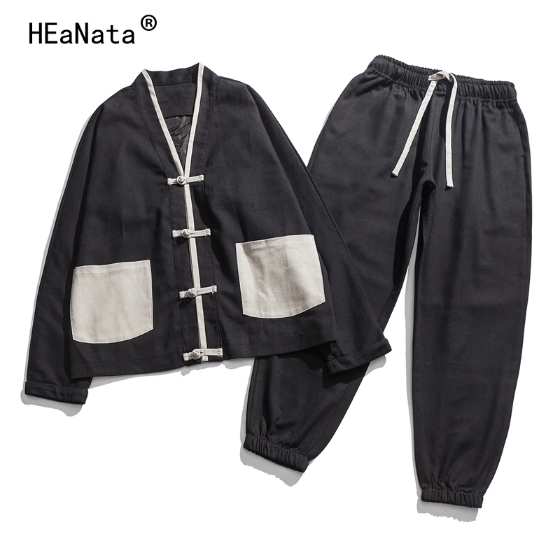 

2 Pieces Sets Tracksuit Men Autumn Spring Jacket +Drawstring Pants Cotton Male Chinese Vintage Tracksuit Kung Fu Suit M-5XL
