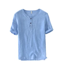 suehaiwe бренд с короткими рукавами летняя льняная рубашка мужская мода colarless две кнопки мужчины рубашки повседневные CHEMISE Homme