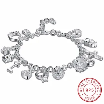 

925 Sterling Silver 13 Charms Cross Lock Key Heart Star Moon Flower Zircon Bracelet Bangle Women's Fine Jewelry Accessories