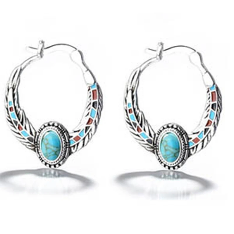 

Fashion Luxury Inlaid Turquoises Eagle Wing Feather Statement Earring Vintage Silver Dangle Earrings for Women Boho Jewelry Gift