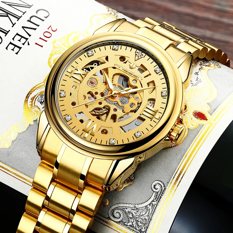 Мужские автоматические механические часы со скелетом из нержавеющей стали Мужские Роскошные Золотые механические наручные часы Мужские часы Montre Homme