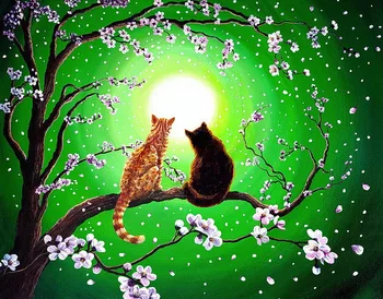 

Modern handmade painting two cats on the tree with fresh flower on oil canvas for living room decor and wallpaper