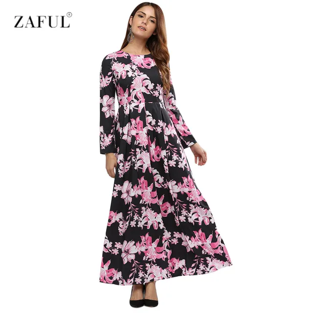 ZAFUL Новый Женский Продолжительная Осень Платье Ретро Цветочный Принт Винтажное Платье с длинным Рукавом Длиной до пола Женщины Партии Макси-Платье свадебные платья