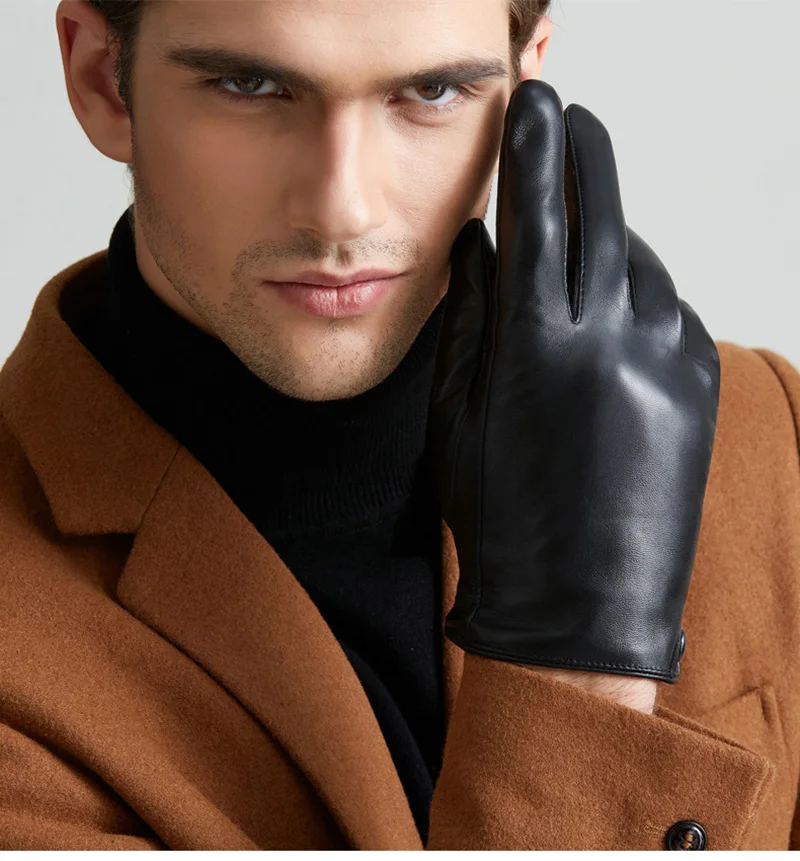 Men's Fashion Genuine Leather Gloves Thin/ Thick Plush Winter Warm Sheepskin Full Finger Touch Screen Driving Gloves Mittens L75