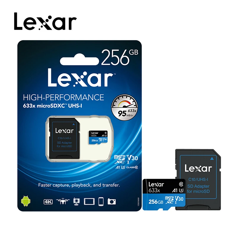 Lexar картой Micro sd объемом 16 Гб оперативной памяти, 32 Гб встроенной памяти, 64 ГБ 95 МБ/с. 633x высокая скорость 128 ГБ 256 ГБ 512 Гб карта памяти Uhs-1 для смартфона, для камеры Gopro