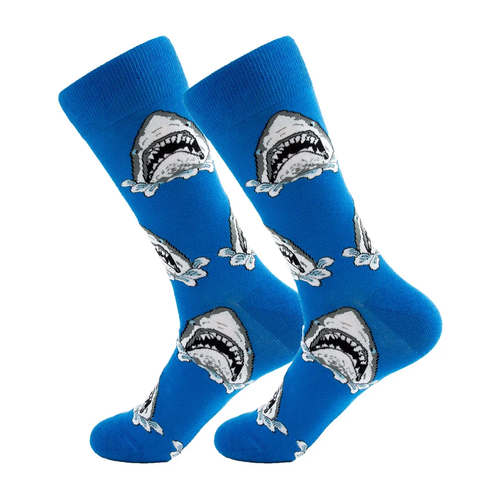 1 пара разноцветных носков из чесаного хлопка с рисунком акулы, черепа, длинные носки для счастливых мужчин, новые повседневные носки для скейтборда