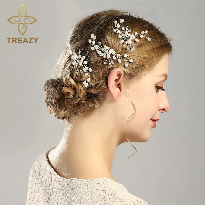 TREAZY модные свадебные аксессуары для волос имитация жемчуга хрустальные шпильки для волос цветок заколка для волос Пышные свадебные украшения