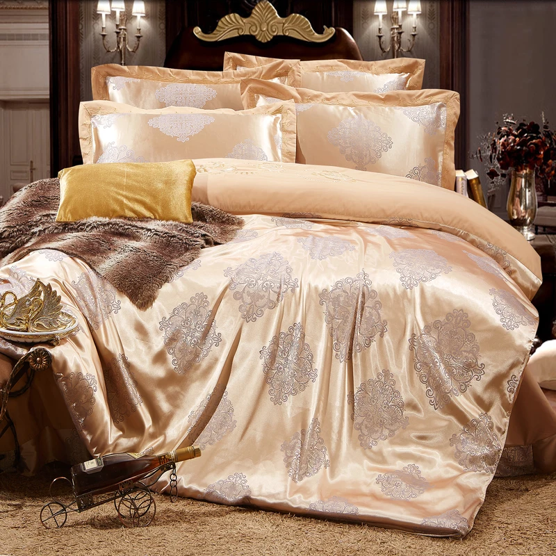 Buy Gold Gray jacquard mulberry silk bedding set satin