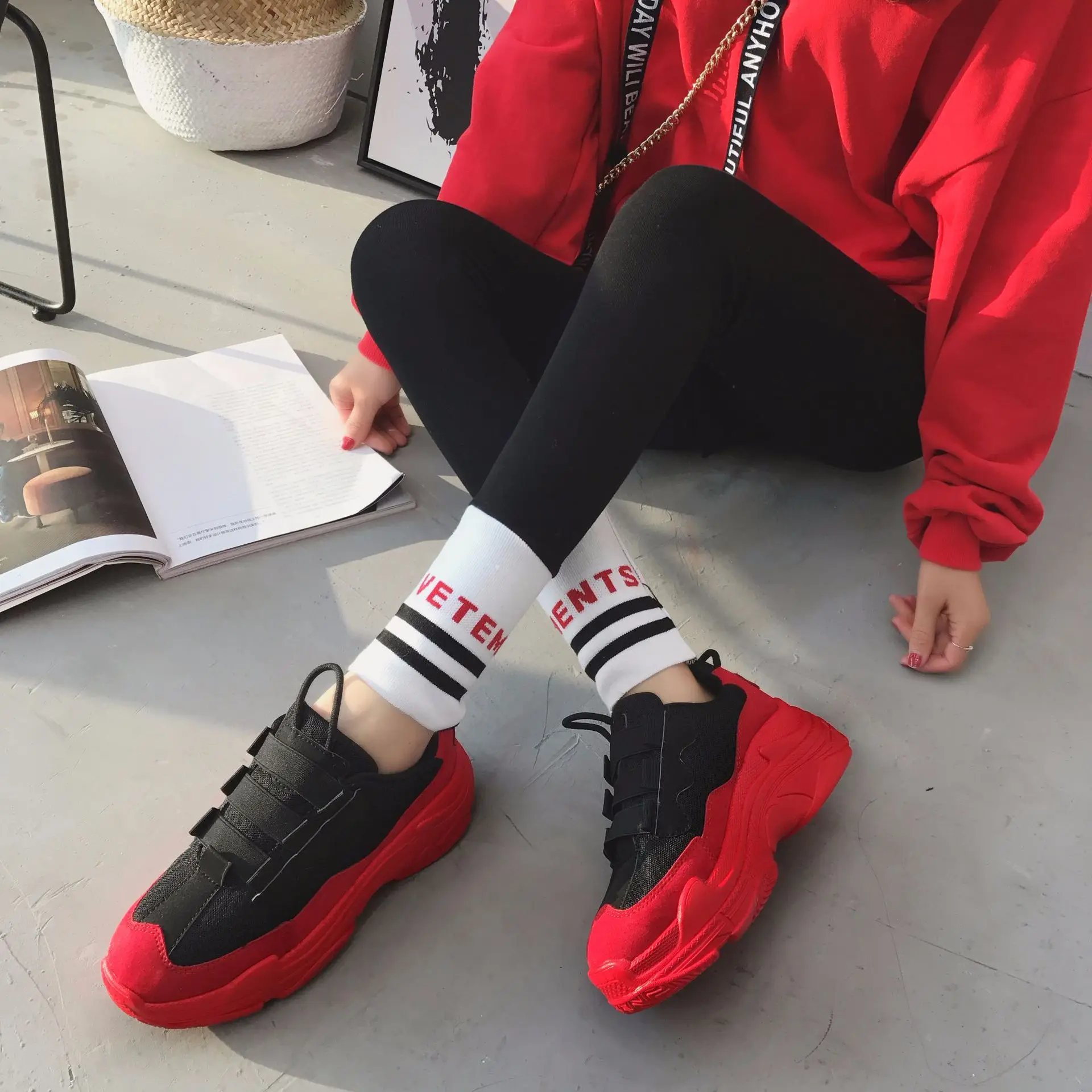 

Women's High Platform Sneakers 2018 Fashion Women Red Black Dad Shoes Ladies Casual Chunky Footwear Women Chaussures Femme
