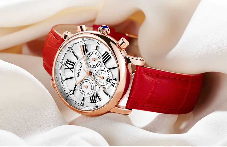 Аналоговые кварцевые часы Megir с дисплеем 24 часа для женщин и девушек, модные водонепроницаемые наручные часы с красным кожаным ремешком