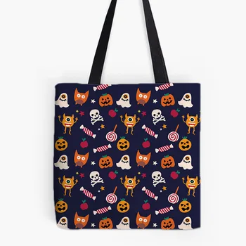 

Happy Halloween Designs Printing Tote Bag For Shopping Food Convenience Women Shoulder White Canvas Hand Bags Cute Monster