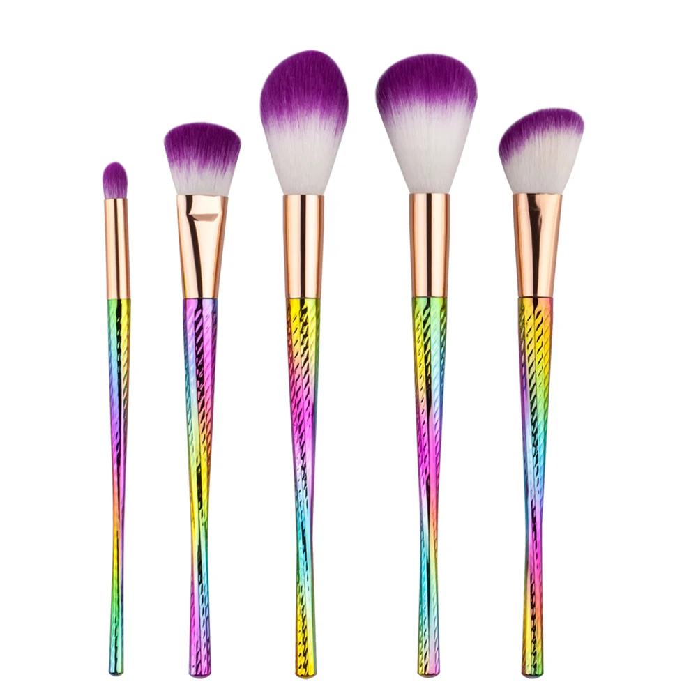 

5pcs Rainbow Hair Makeup Cosmetic Nylon Brushes Set Electroplating Handle Foundation Eye Shadow Blusher Powder Brush Set